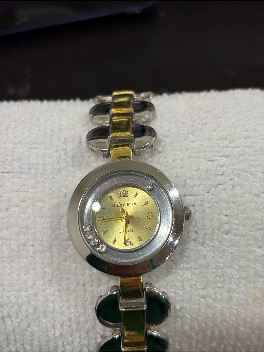 Marco Max Women's Two-Tone Gold Dial Bracelet Watch floating stones 7.25